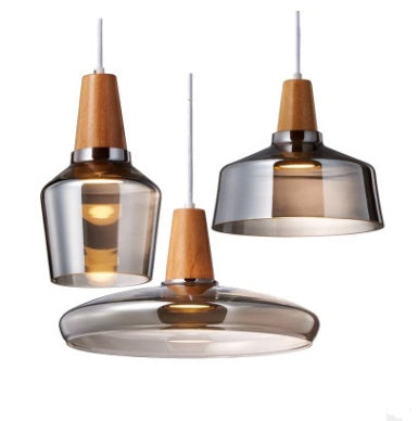 Handblown glass and wood E27 pendant light with ash finish for restaurant and dining room