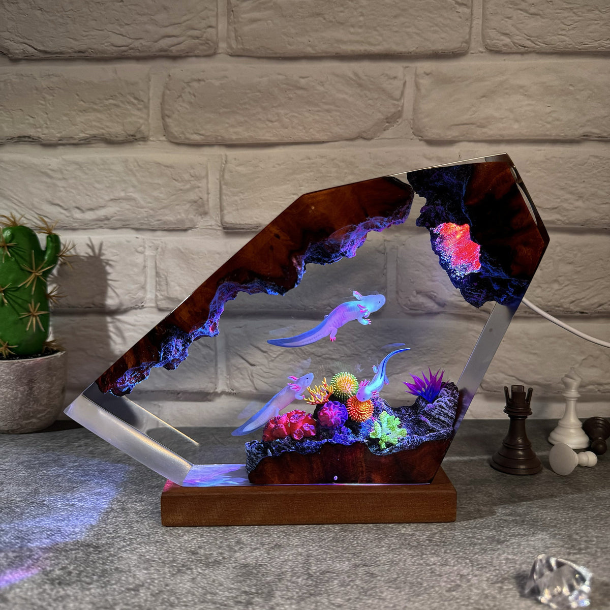 Handcrafted resin salamander art lamp glowing in warm white light for home decor